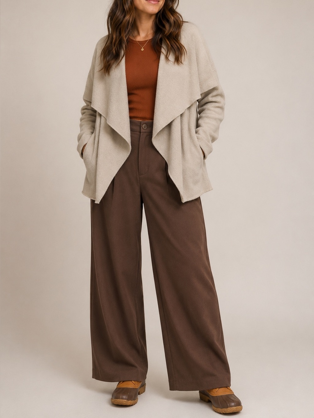 Open-Front Taupe Draped Waterfall Cardigan Sweater with Pockets